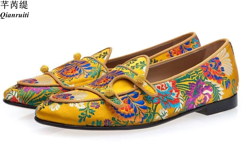 

Qianruiti Fashion Shoes Men Floral Embroidered Double-Monk Loafers Mixed Color Jacquard Silk Flats Shoes Casual Shoe Yellow Red