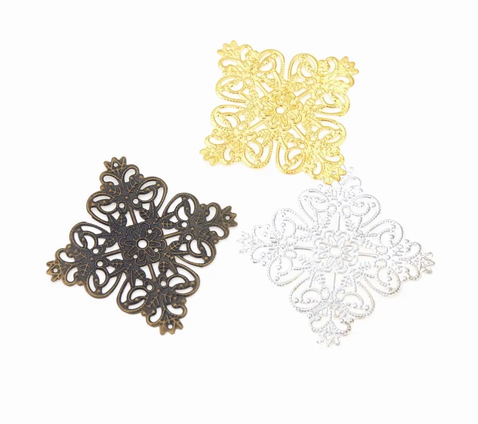 Free shipping 10Pcs Bronze/Silver/Gold Metal Square Flower Filigree Wraps Connectors Metal Craft Decoration DIY Findings 56*56mm