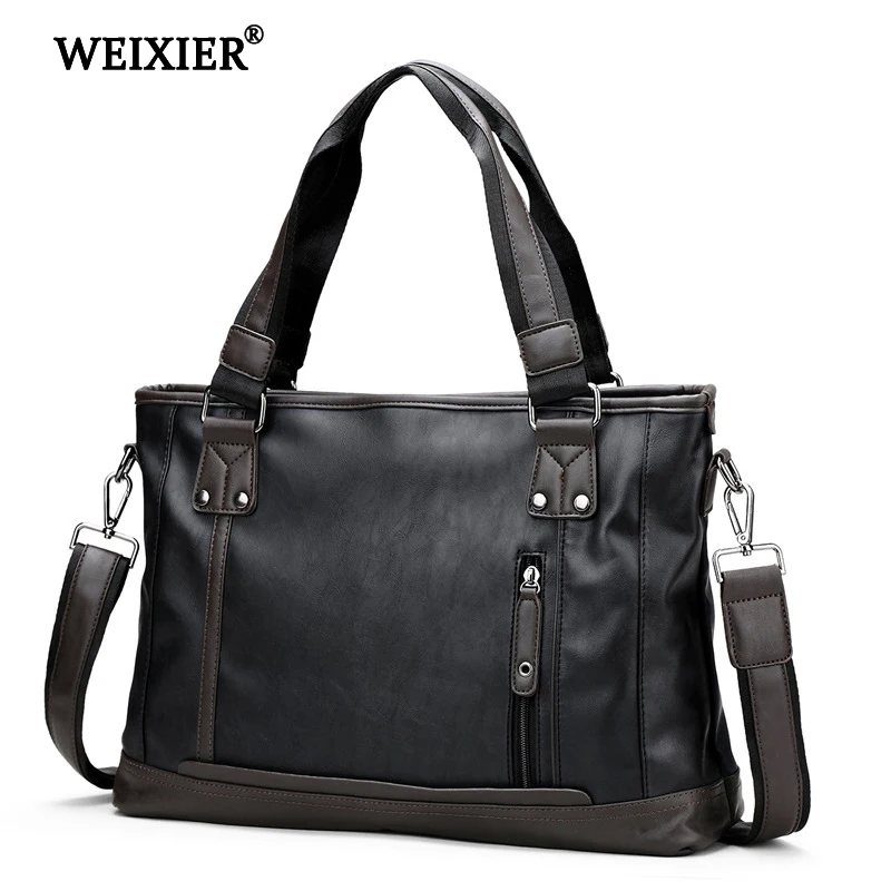 Solid Color PU Men\'s Zipper Handbag Business People Travel Fashion Retro Style Computer Bag High Quality Design Handbag