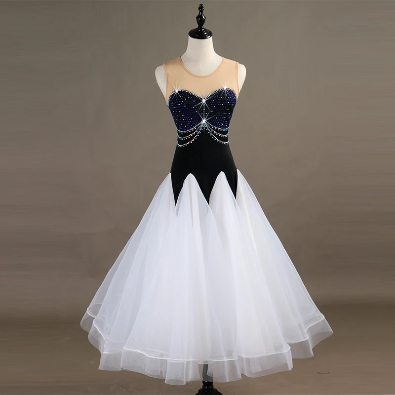 

Ballroom Dance Dresses Long Sleeve foxtrot Dancing Skirt Women Stage Waltz Ballroom Dress white MQ094