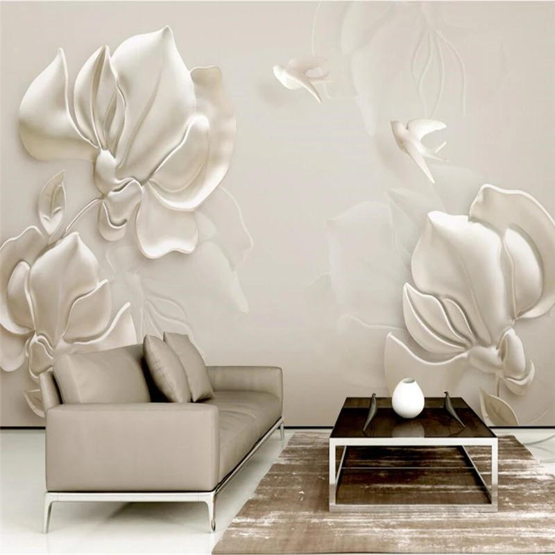 3D Stereo Gypsum Embossed Magnolia Flying Birds White TV Backdrop Customized Large Mural Home DecorWallpaper papel de parede