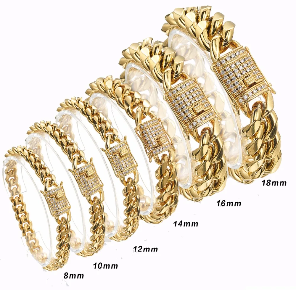 

2019 New Arrival 8/10/12/14/16/18mm Stainless Steel Miami Curb Cuban Chain Crystal Bracelet Casting Lock Clasp Mens Link jewelry