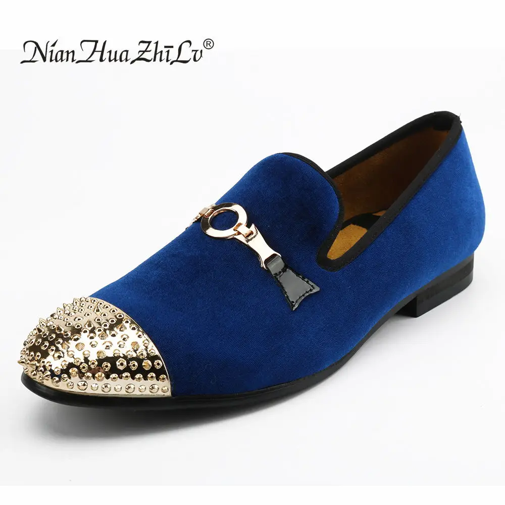 XQWFH Men Spiked Velvet Loafers Fashion Metal Rivet and Gold Buckle Casual Shoes Luxury Penny Slippers Soft Slip on Dress Shoes