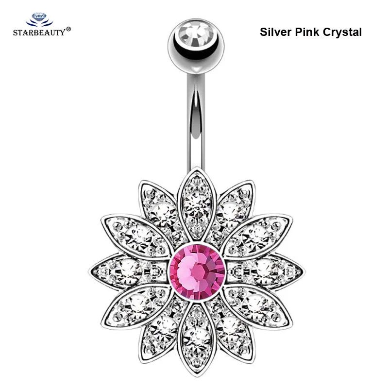 1Pc White Opal Lotus Belly Button Rings Navel Piercing Ombligo Stainless Steel 1.6x10mm Bar Flower Belly Ring Pircing Earring