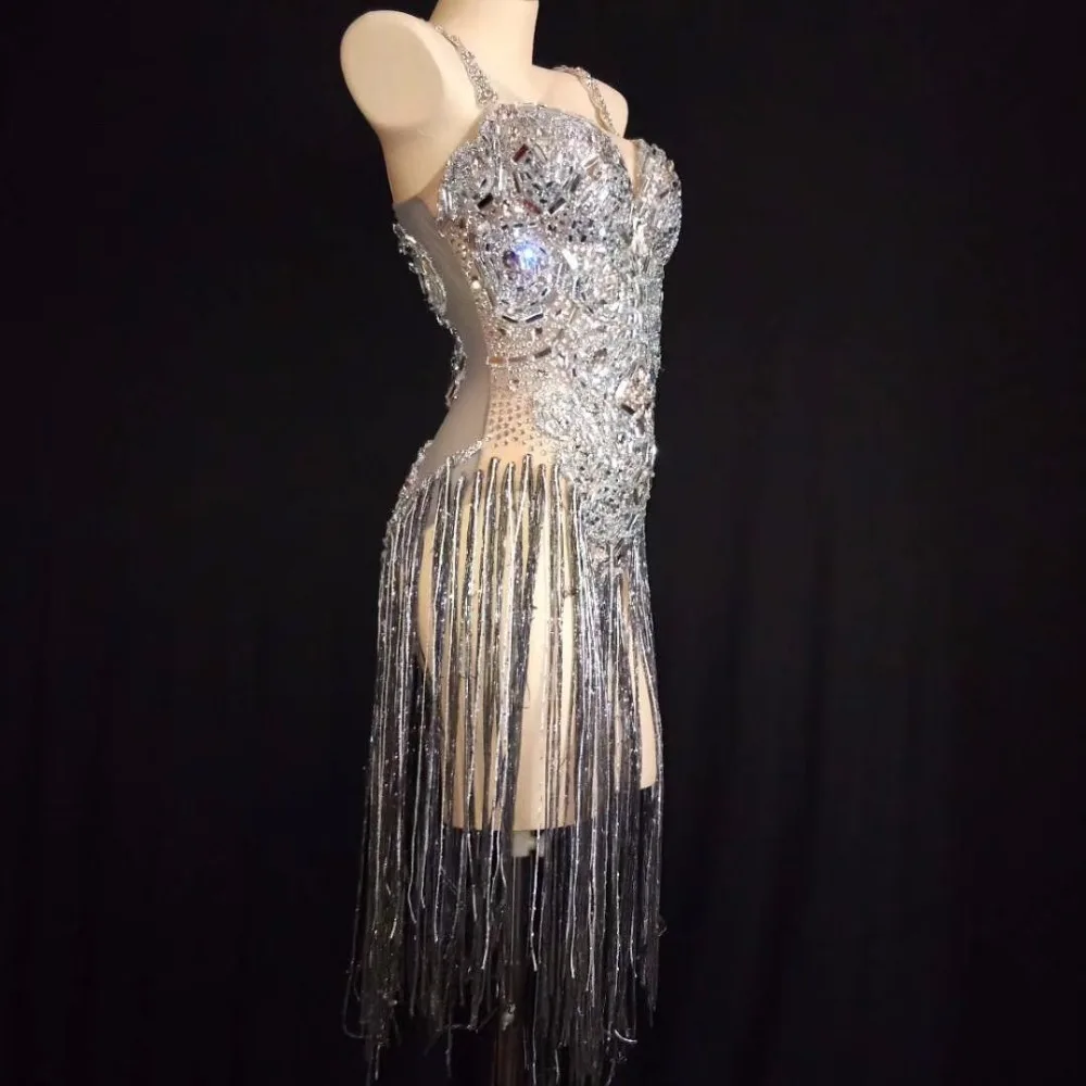 Body Sexy con cristales plateados brillantes para mujer, traje transparente de malla para celebración de cumpleaños, traje de cantante para fiesta de baile