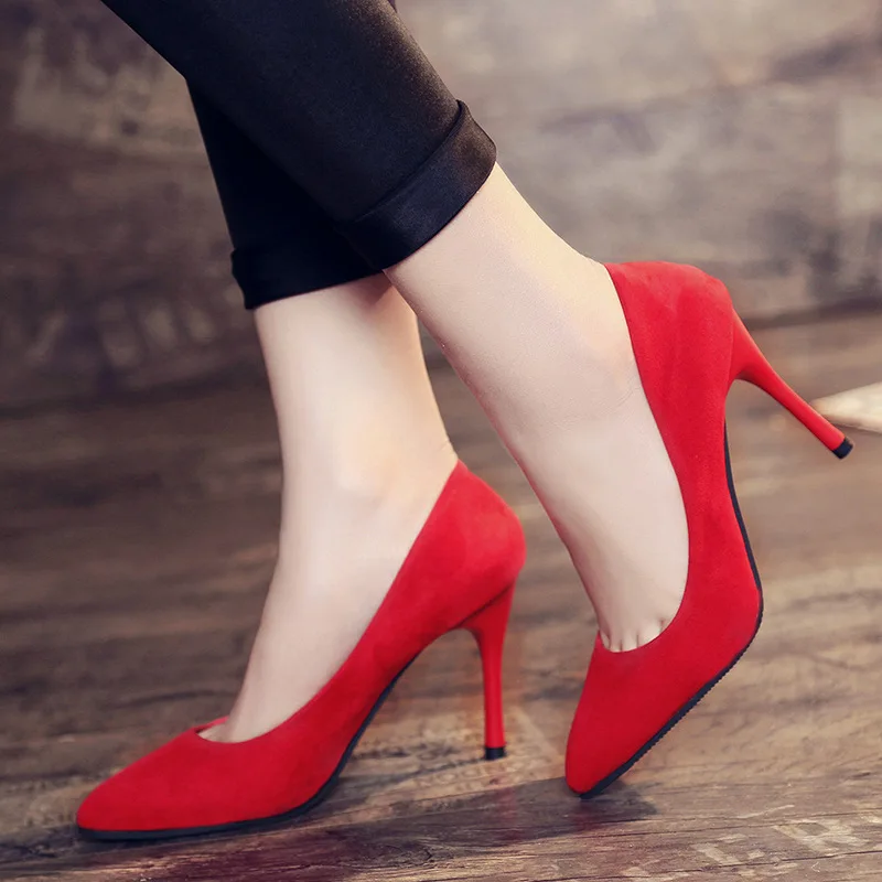 New Plus Size Office Lady Shoes Faux Suede High Heels Woman Shoes Pointed Toe Dress Shoes Basic Pumps Women Boat sandals