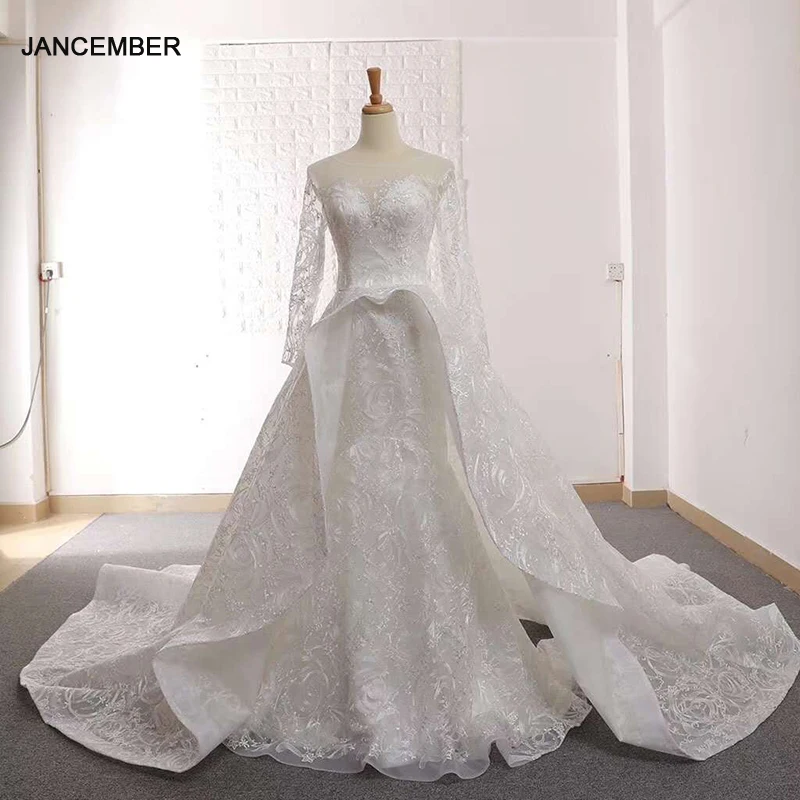 

J66617 jancember wedding dresses long sleeve o-neck lace up back appliques floor length with train elegant bridal dresses 2019