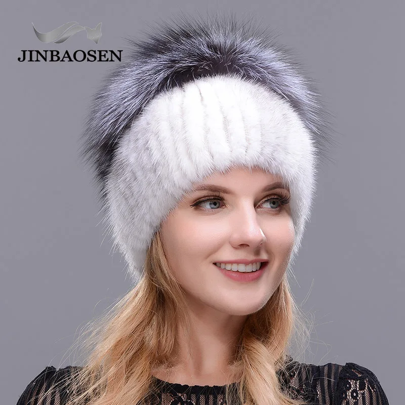 JINBAOSEN Woman Winter Travel Fashion Fur Hat Real Mink Fur Silver Fox Fur Hat Wool Knit Liner Ski Hat Handmade Free Send