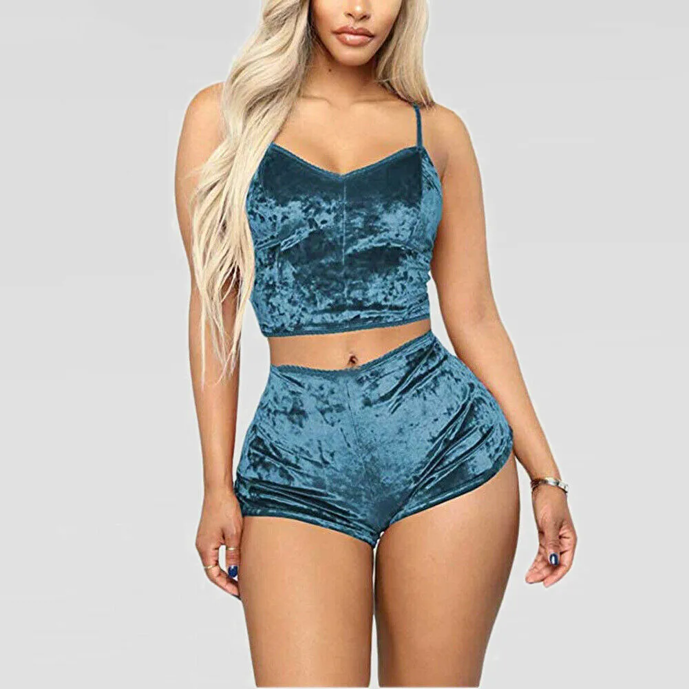 

2 Piece Set Women 2019 New Summer Women Sexy Velvet Sleepwear Set Sleeveless V-Neck Short Tops+Elastic High Waist Shorts