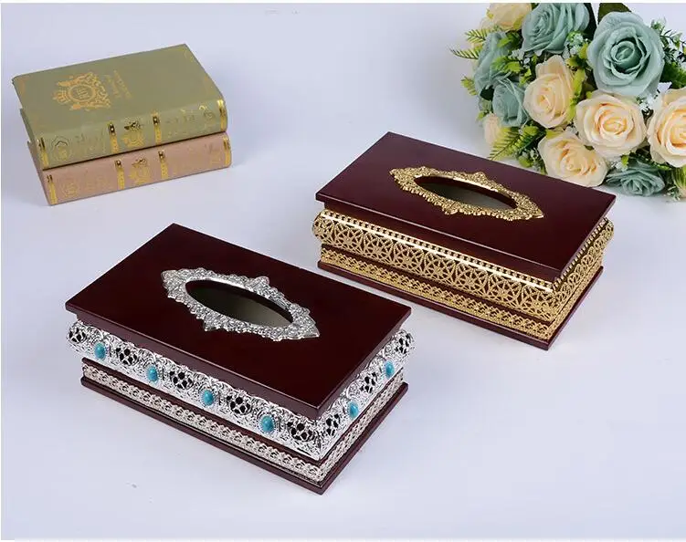 

European metal heightening wood tissue box with Imitation diamond inlay napkin holder tissue box covers dispensador papel ZJH046