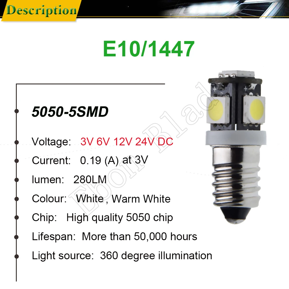 Pair E10 led light bulbs 1447 Screw 3V 6V 12V 24V DC  Instrument Indicator bulb 5SMD 5050 flashlight Torch Lamp White Warm White