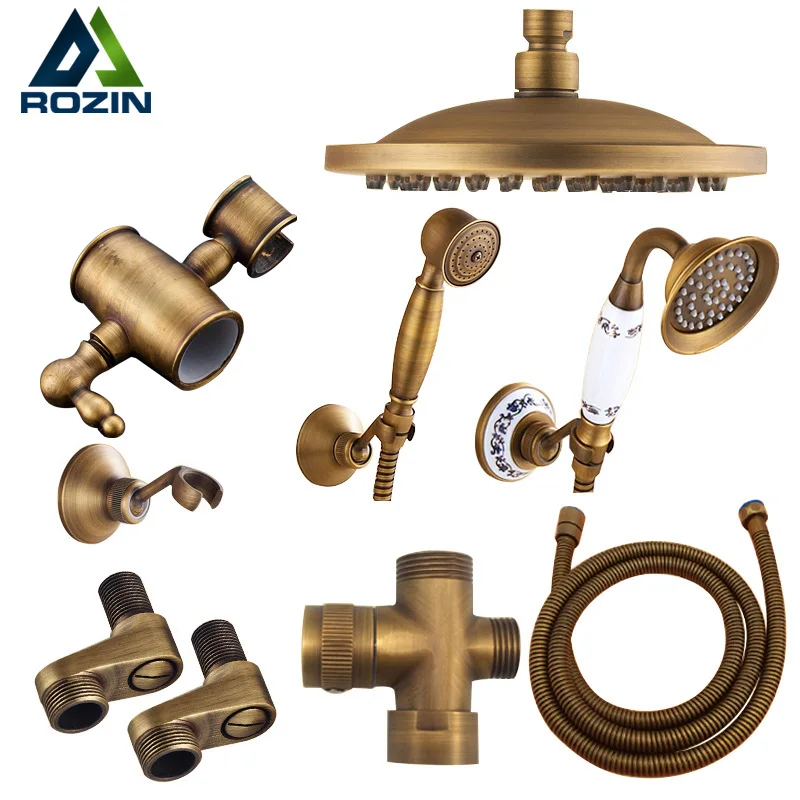 Rozin Antique Brass Rainfall Shower Head 3-Way Faucet Diverter Valve Wall Mount Brass Fixer Bracket Handshower Brass Shower Arm