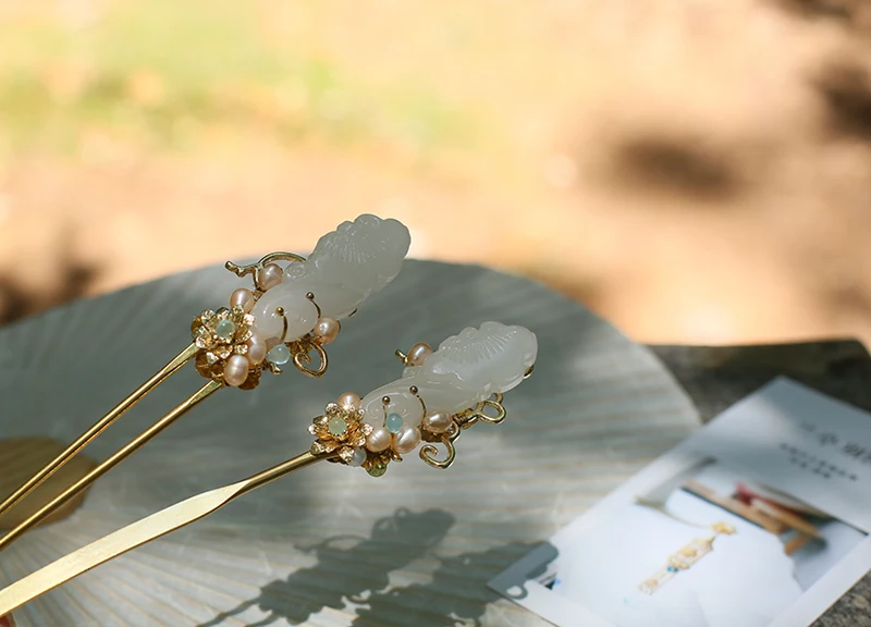 

White Jade Piece Multicolor Pearl Hair Stick Vintage handmade Classical Hair Jewelry Cos Hanfu Hair Accessory Earrings