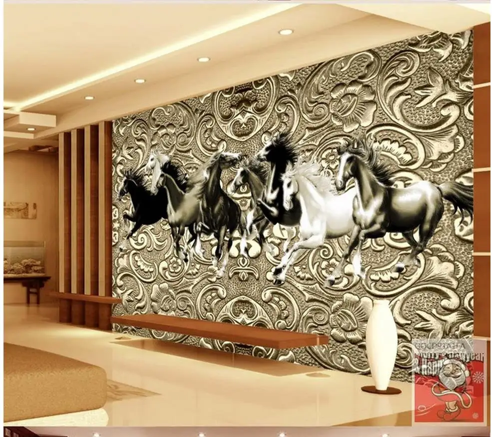 3d wallpaper for room Horses living room backdrop bronze relief mural 3d wallpaper living style wallpaper