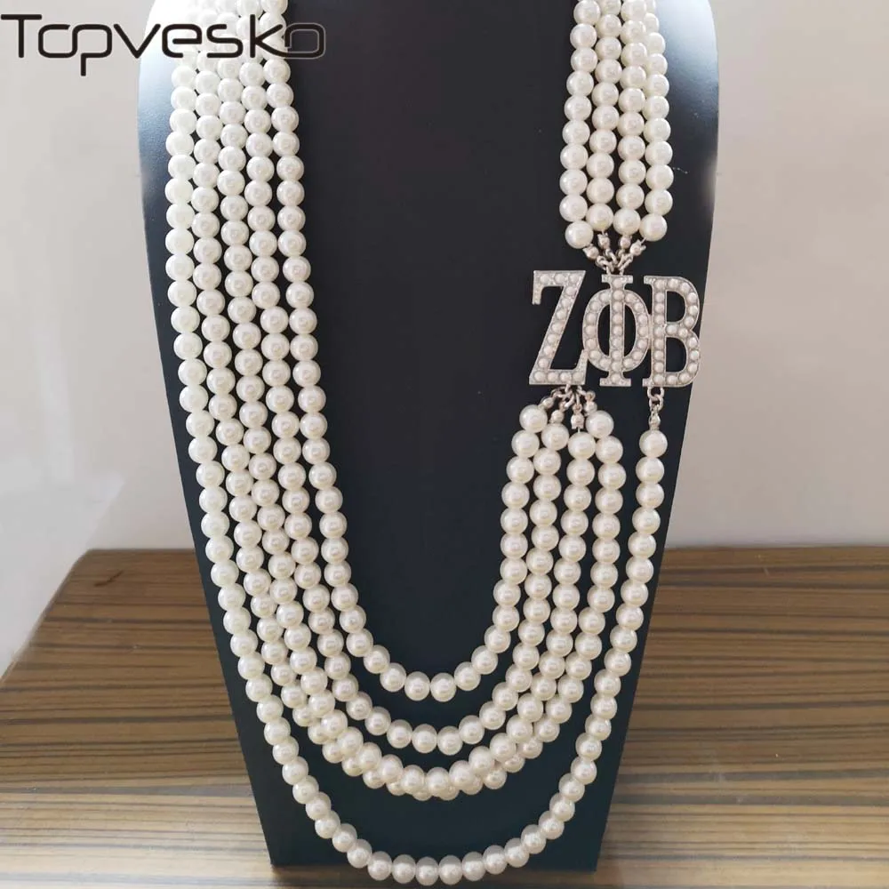 Topvekso Greece Greek Sorority Zeta Phi Beta  5 Layers Blue Pearl ZPB  Pendant Multilayer Statement Jewelry Long Choker