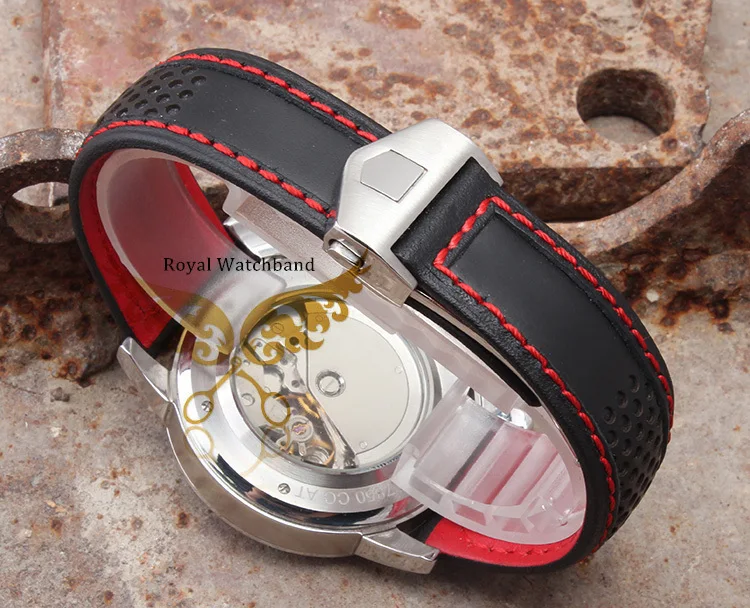 22mm New High Quality Stainless Steel Butterfly Buckle Red Stitched Black Genuine Leather Watch bands Strap For BRAND