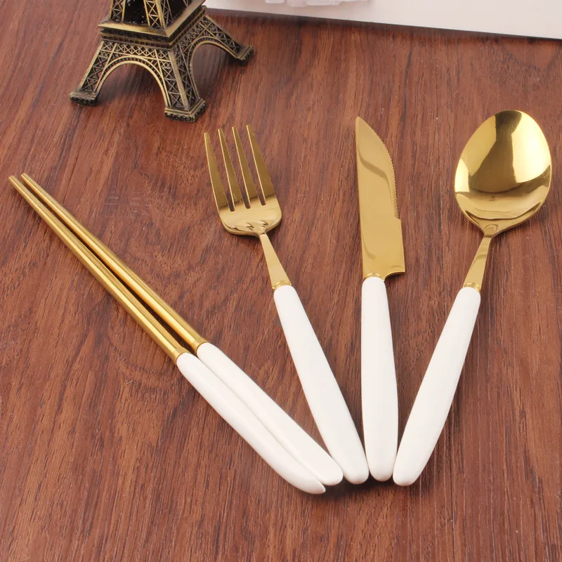 Elegant Gold Scoop Cutlery Set, Western Fork, Food Dinner Tools, Knife, Chinese Chopsticks, Full Set, Luxury Christmas Gift, 4Pc