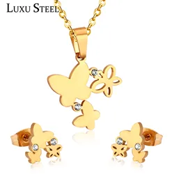 LUXUSTEEL Cute Jewelry Sets Stainless Steel Butterfly Pendant Necklace Earring Sets With Cubic Zirconia For Women/Girl Bijoux