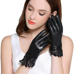 Echte Leder Handschuhe Frauen Winter Plus Samt Verdicken Mode Schwarz Handgelenk Spitze Fahren Touchscreen Schaffell Handschuhe F8008