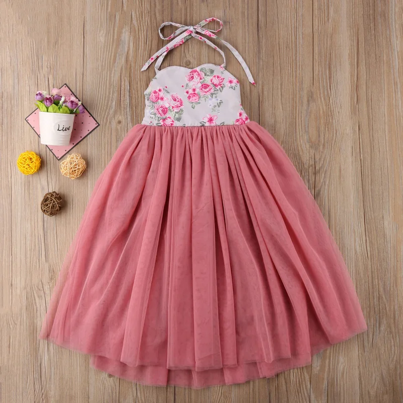 2019 New Princess Dress Kids Girl Pink Lace Flower Strappy Dress Maxi Long Princess Party Children Summer Ball Gown Formal Dress