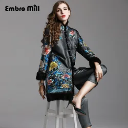 High-End Autumn And Winter New Women Vintage Stand Collar Splicing Mink Hair Large Flower Embroidery Cotton Coat M-XXL