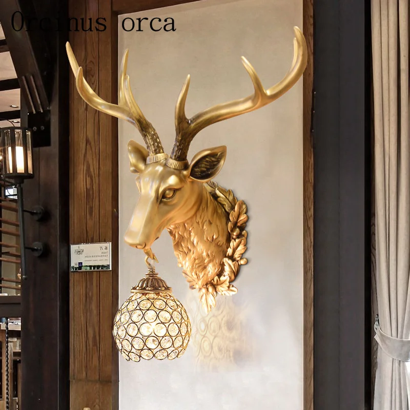 American retro creative wall lamp antlers living room corridor lamp deer head wall lamp