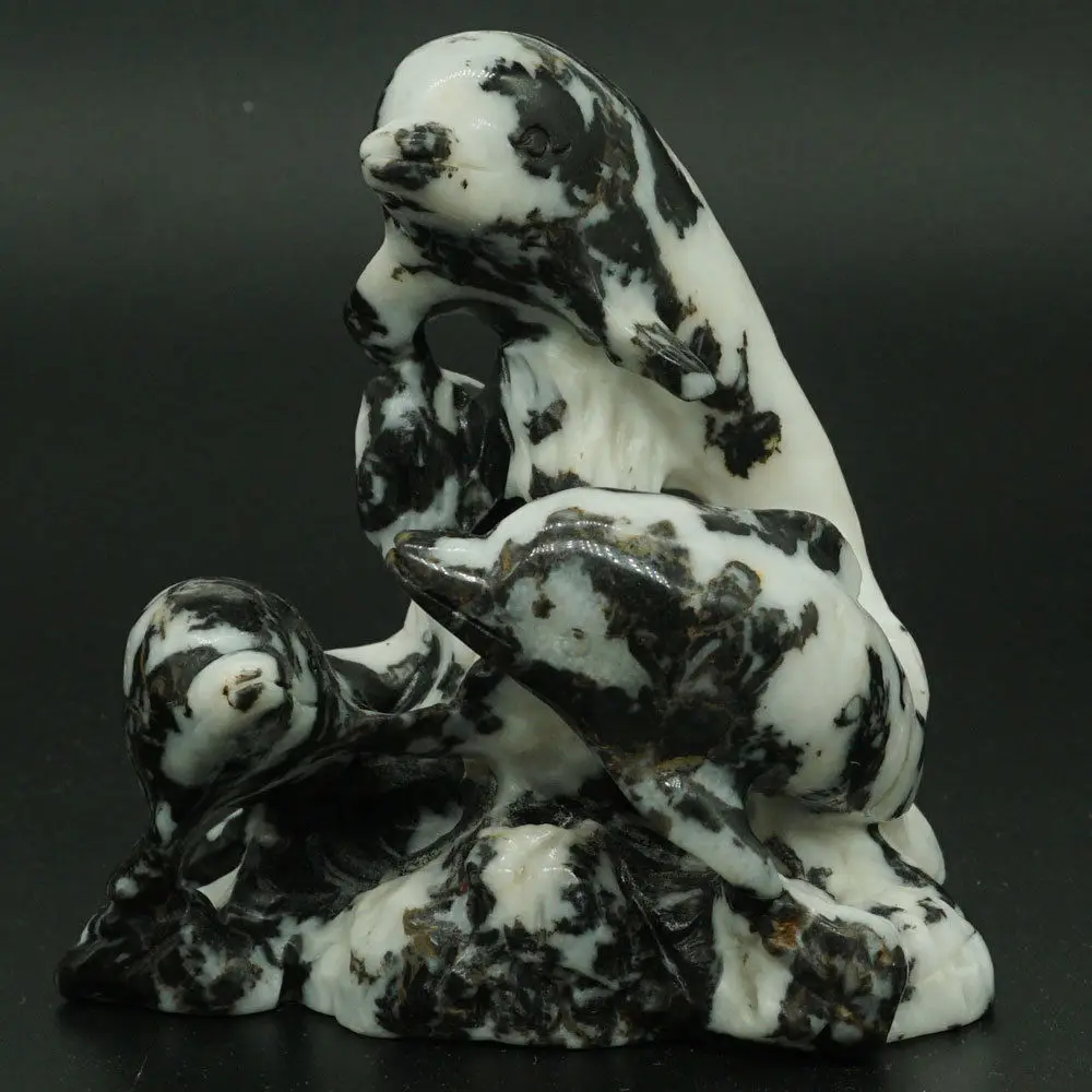 

3.66" Natural Black White Zebra Dolphins Figurine Crystal Healing Home Dector
