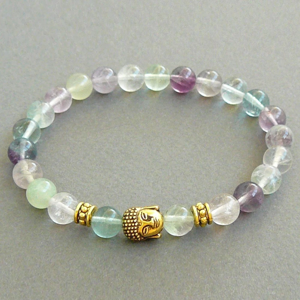 MG0419 New Design Buddha Head Bracelet A Grand 8 mm Fluorite Bead Energy Bracelet Good Luck Heart Chakra Yoga Bracelet