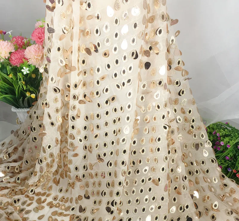 GLace 1Y/Lot African Lace Fabric Gold Drop Laminated Mesh Embroidered Lace Fabric for Dress Sequin Fabric TX852