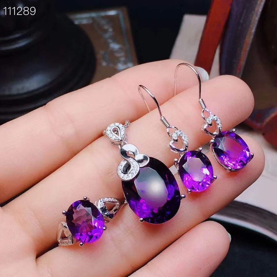 Free Shipping Natural Amethyst jewelry set Natural Real Amethyst 925 sterling silver 1pc pendant,1pc ring ,2pcs Earring