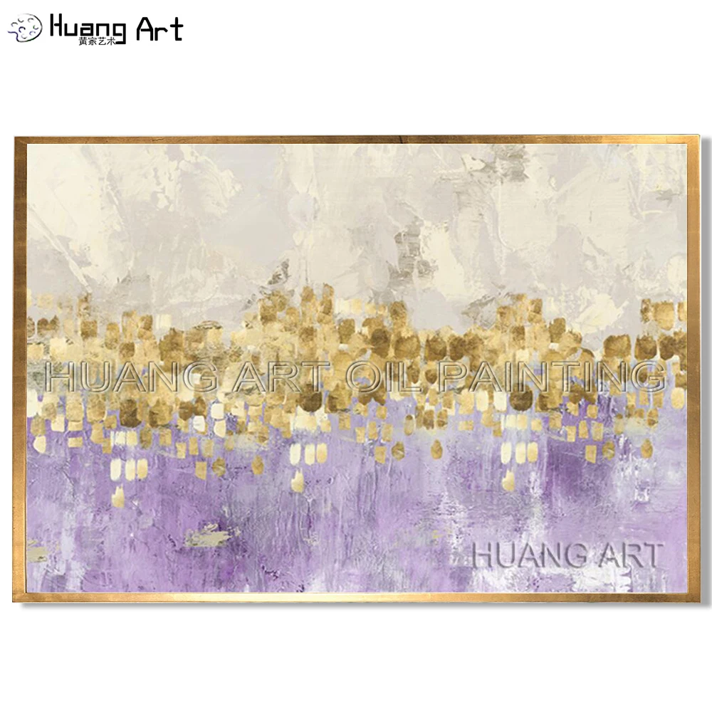 

New Hand Painted Abstract Gold Art with Gray or Blue Wall Picture Handmade Golden and Purple Canvas Oil Painting for Home Decor