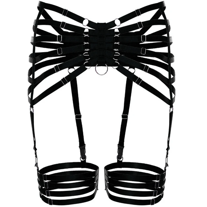 Black Neck Body Harness Lingerie Belt Set Bondage Leg Garter Belt Adjust Sexy Goth Fetish Pole dance Rave Wear Cage Harness Bra