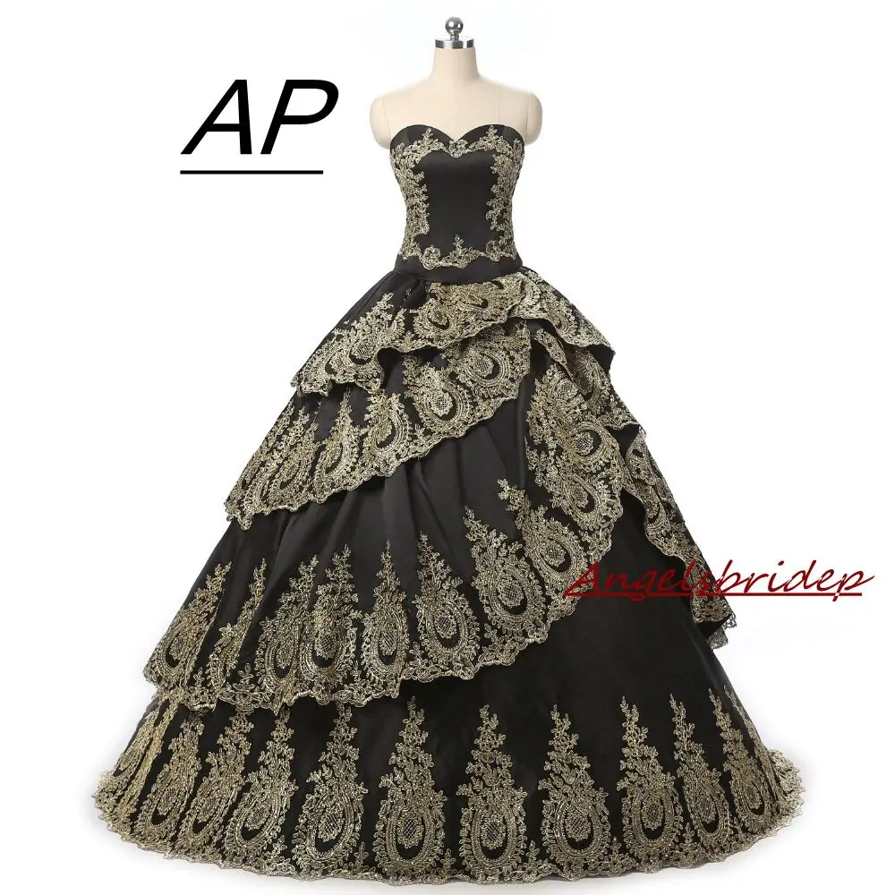 Angelsbridep nuovo abito Vintage Quinceanera in raso nero 2021 Appliques in oro pieno increspature a strati dolce 16 abiti debuttante