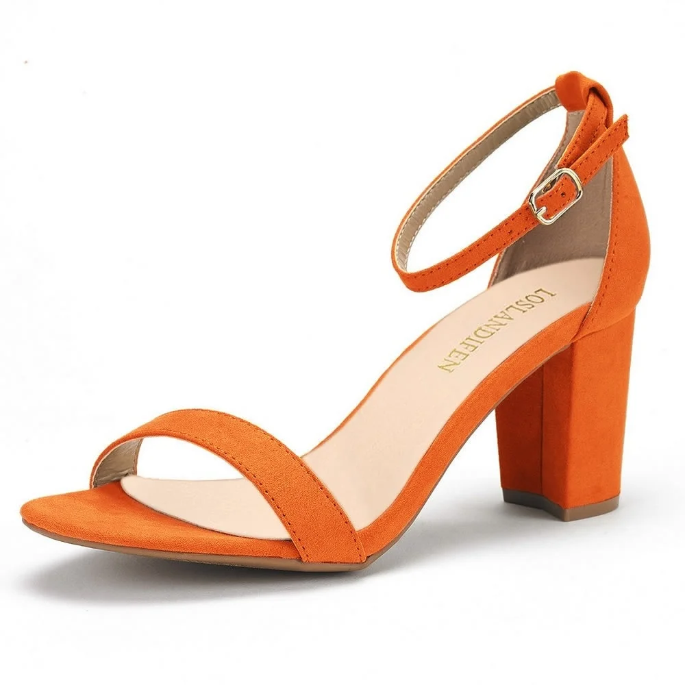 Sandalias De Tacón Bajo Para Mujer - Punta Abierta, Correa En Tobillo, Color Naranja