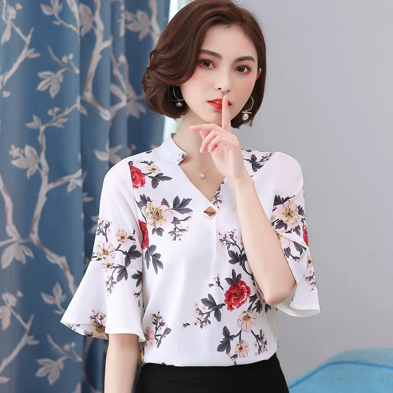 Zomer Flare Mouw Chiffon Overhemd Vrouwen V-kraag Half Mouw Blouses Vrouwelijke Print Office Dames Werk Casual Top Kleding h9029