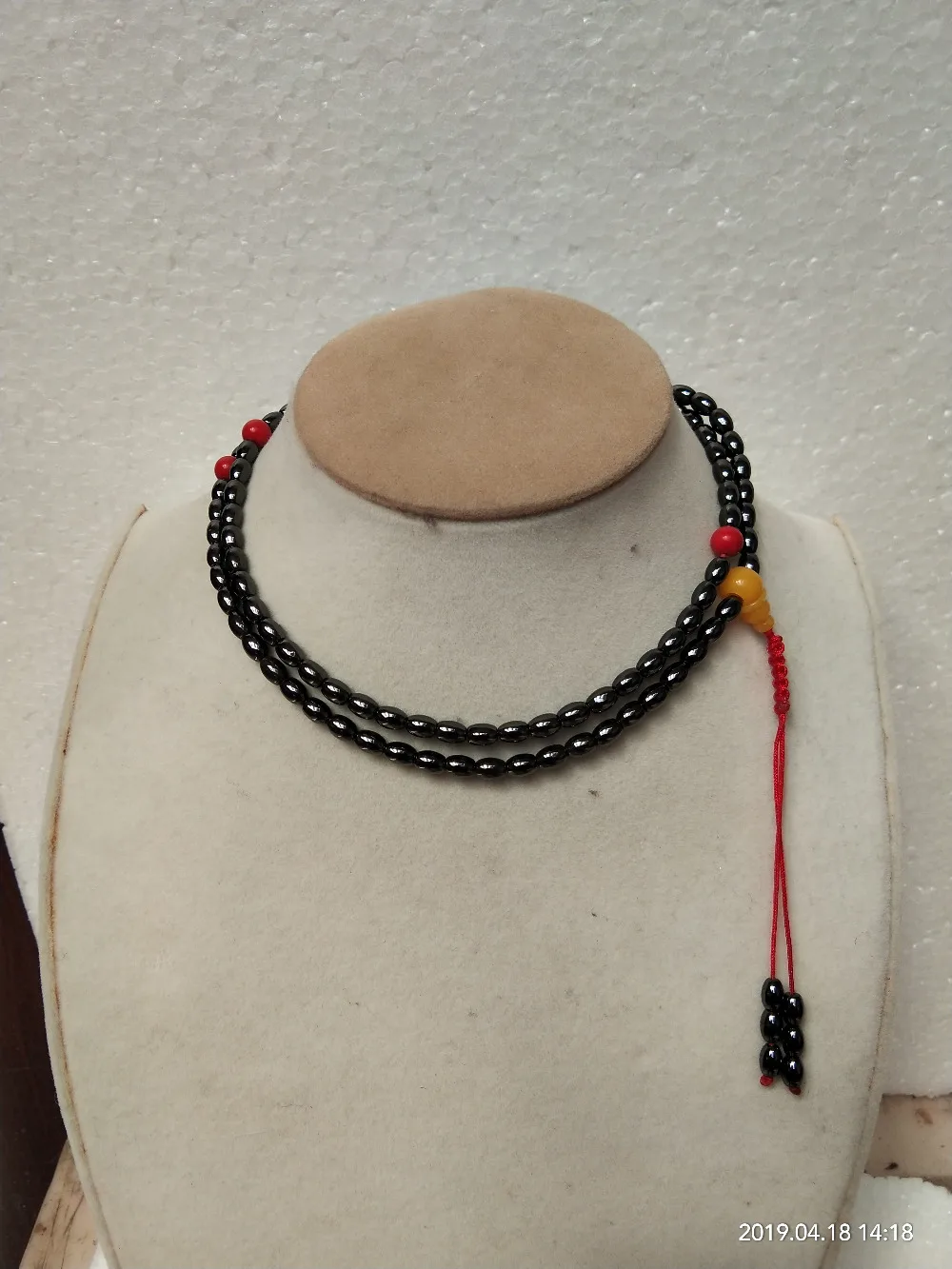 Natural Meteorite Black Martian Stone 108 Red Coral Beads Necklace