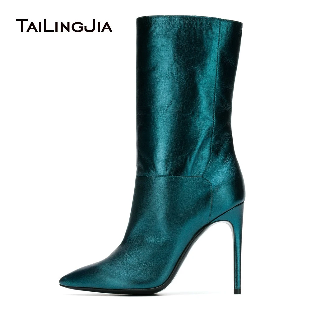 

Metallic Blue Pointed Toe High Heel Mid Calf Boots Women Black Stiletto Short Booties Ladies Slip on Winter Shoes Big Size 2021