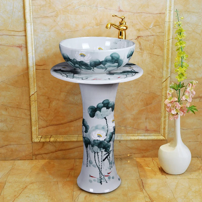 Art Integrated Pedestal Basin Small Apartment Pedestal Type Washbasin Trumpet Vertical Floor Type Ceramic Washbasin lotus image 2