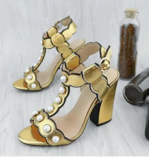 

Fashion Pearl Decor Leather Dress Sandals Women T-Strap Mixed-color Lady Gladiator Sandals Sexy Chunky Heel Summer Sandals Shoes