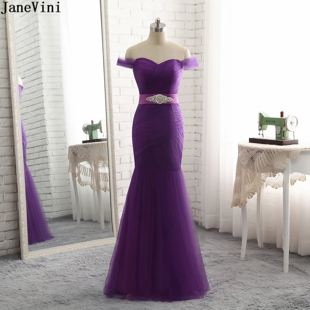 JaneVini-vestidos De tul De sirena para madre De la novia, vestido De noche púrpura Vintage sin espalda, con abalorios y hombros descubiertos