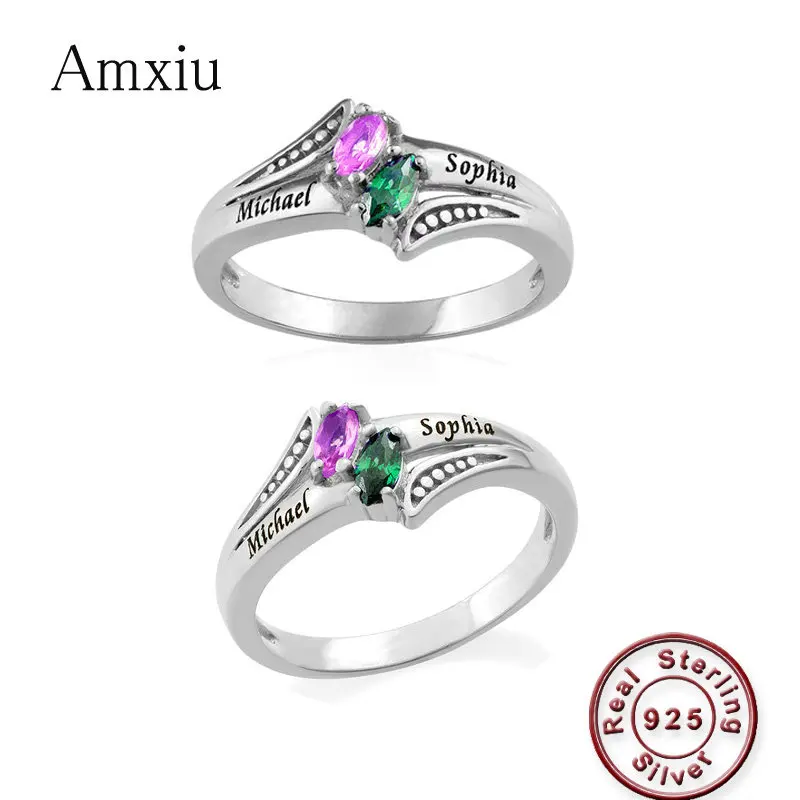 

Amxiu Customize 925 Sterling Silver Ring Engrave Two Names Ring with Birthstones Personalized Couples Rings For Lovers Jewelry