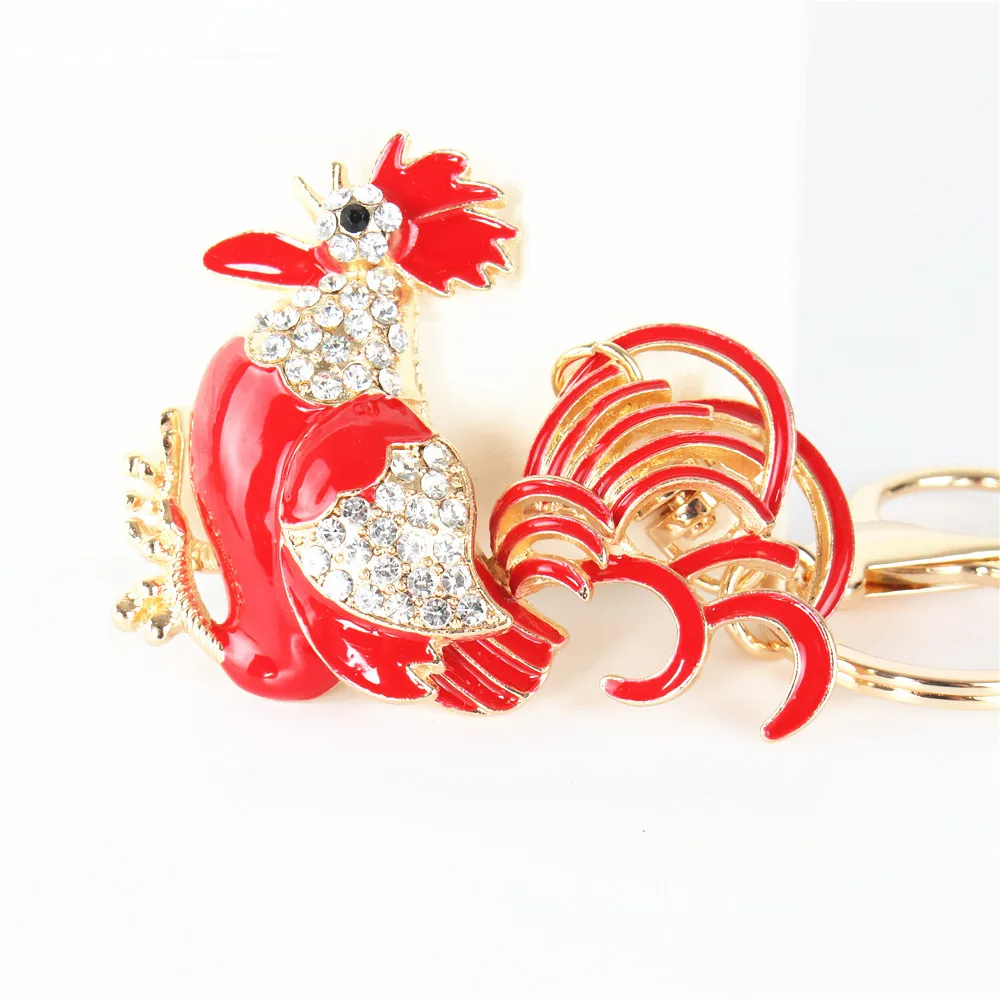 Lovely Red Cock Rooster Crystal Rhinestone Charm Pendant Purse Bag Car Key Ring Chain Creative Wedding Party Christmas Gift