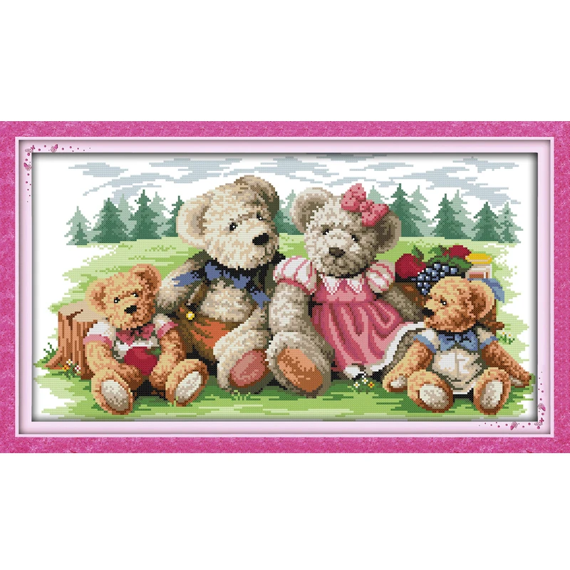 Joy Sunday Cross Stich Needlepoint Pattern Bear Family Painting Craft Embroidery Design for Cross Stiching Needlework Embroidery