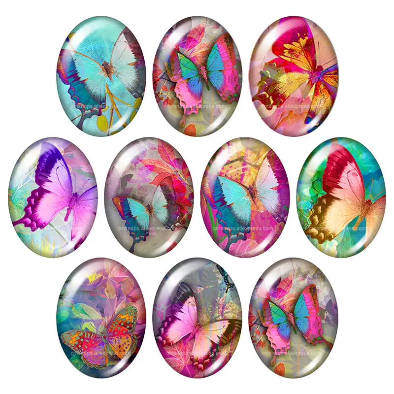 Beauty Magical Colorful Butterfly 10pcs 13x18mm/18x25mm/30x40mm mixed Oval photo glass cabochon demo flat back Jewelry findings