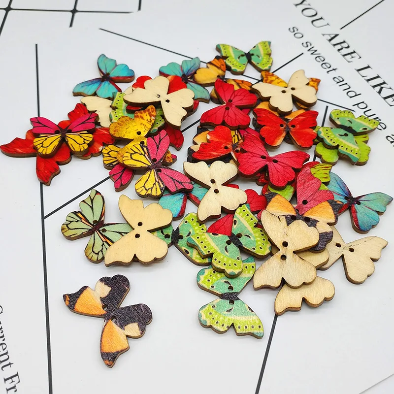 100pcs/lot Sewing Accessories Flatback Scrapbooking Wood Buttons Mix 25x25mm Butterfly 2 Holes Wooden Buttons Craft MR 001