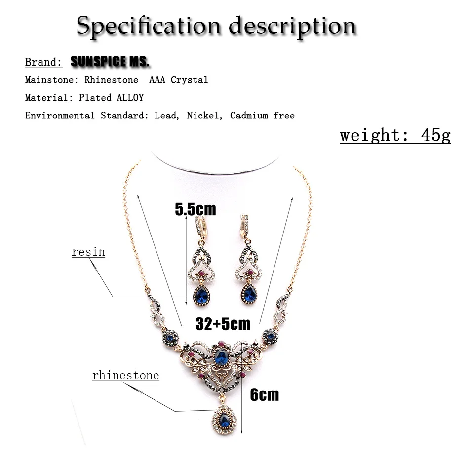 Sunspicems Bohemia Gray Rhinestone Bridal Wedding Jewelry Sets For Women Drop Earrings Necklace Sets Retro Gold Color Party Gift