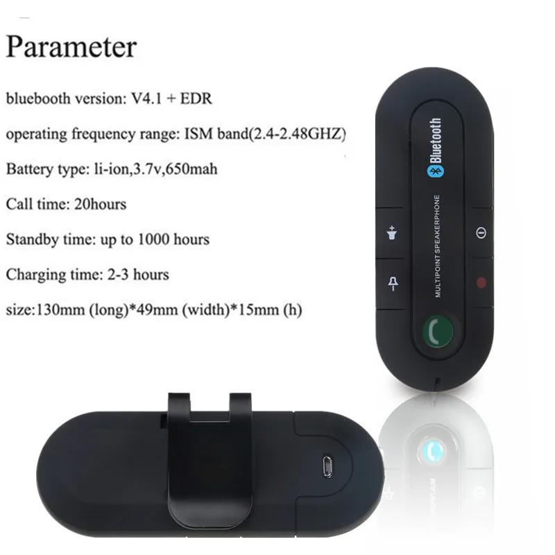 Bluetooth Hands free Car Kit Wireless Audio Receiver Speaker Phone MP3 Music Player Sun Visor Clip Multipoint Noise Cancelling