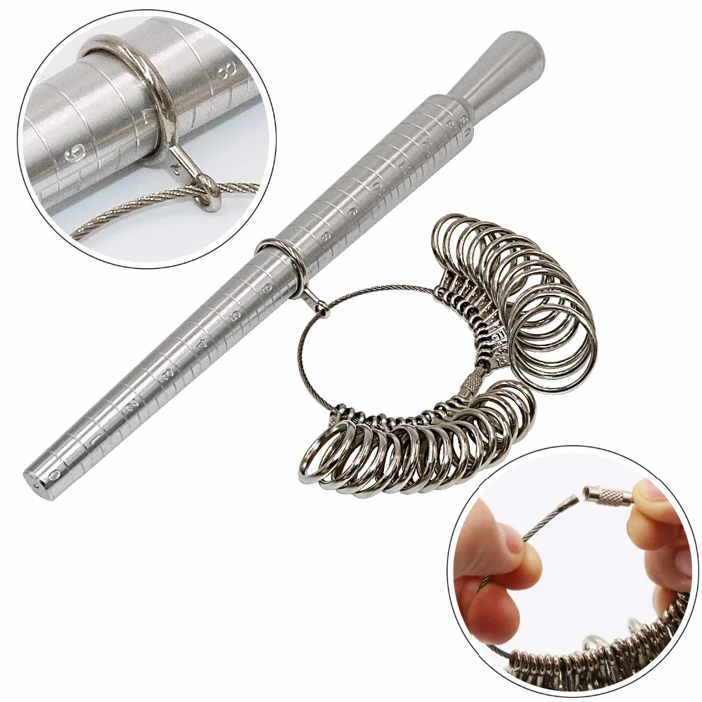 PHYHOO Aluminium Ring Sizer Mandrel Finger Sizing Measuring Stick and Stainless Iron Ring Sizer Guage Set 0-13 Jewelry Tools