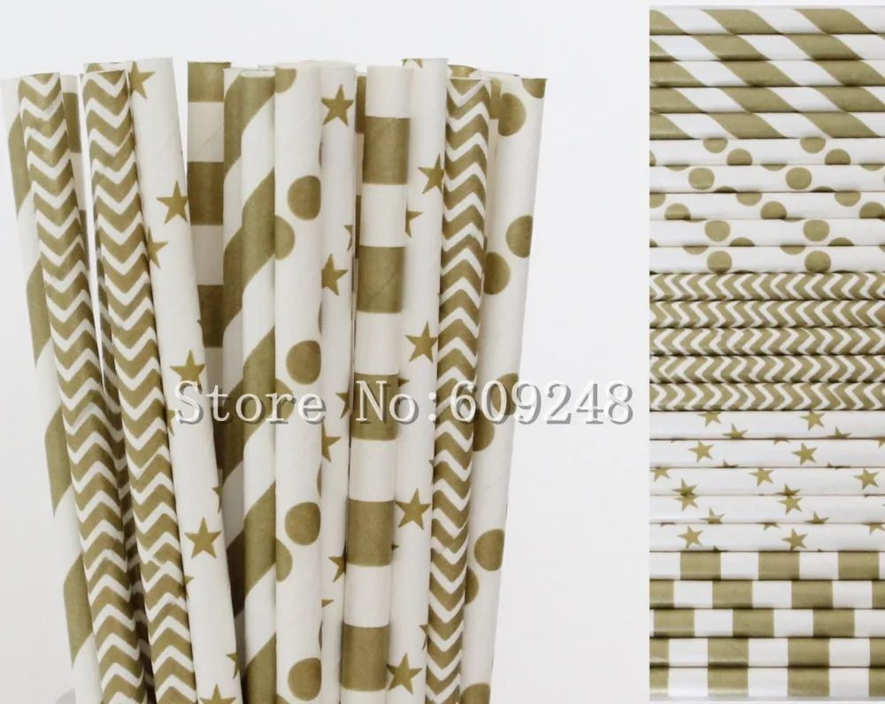 125 Pcs Drinking Paper Straws Mix,Metallic Gold Striped,Sailor Stripe,Chevron,Polka Dot,Star,Wedding Christmas Holiday Wholesale