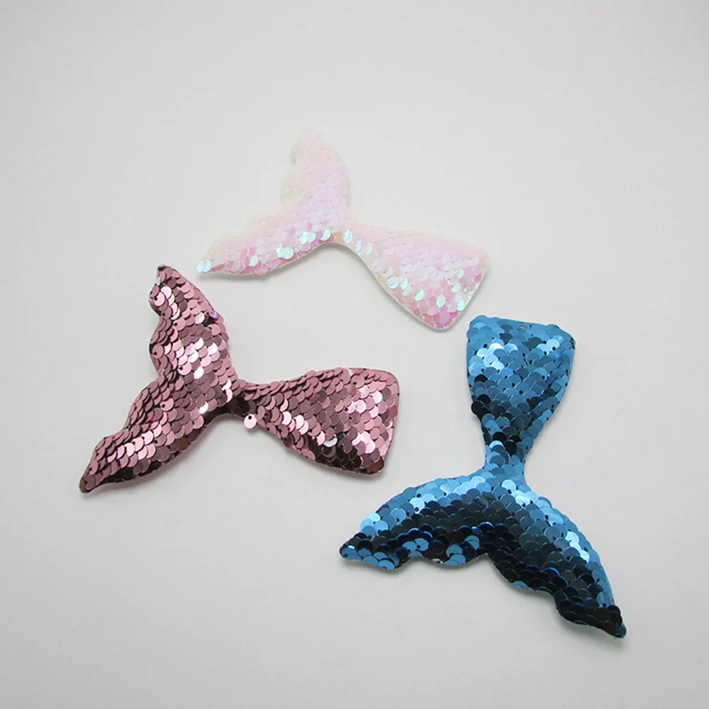 60pcs/lot Big Size Sewing Patch Shiny/Glittered Sequin Mermaid Tail Padded Appliques for Bows Cake Decoration Sea Theme